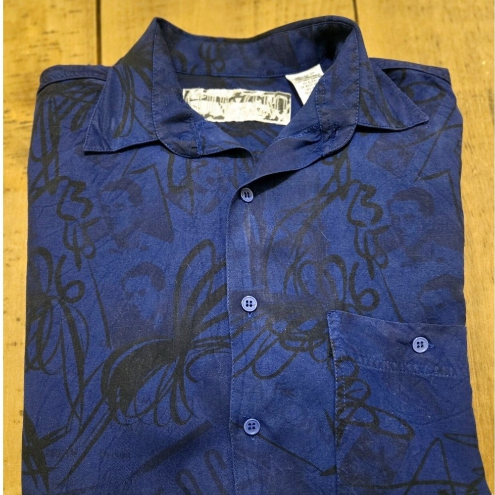 Vtg Code Zero Men Medium Blue Black Abstract Graffiti Print Rayon Short Sleeve